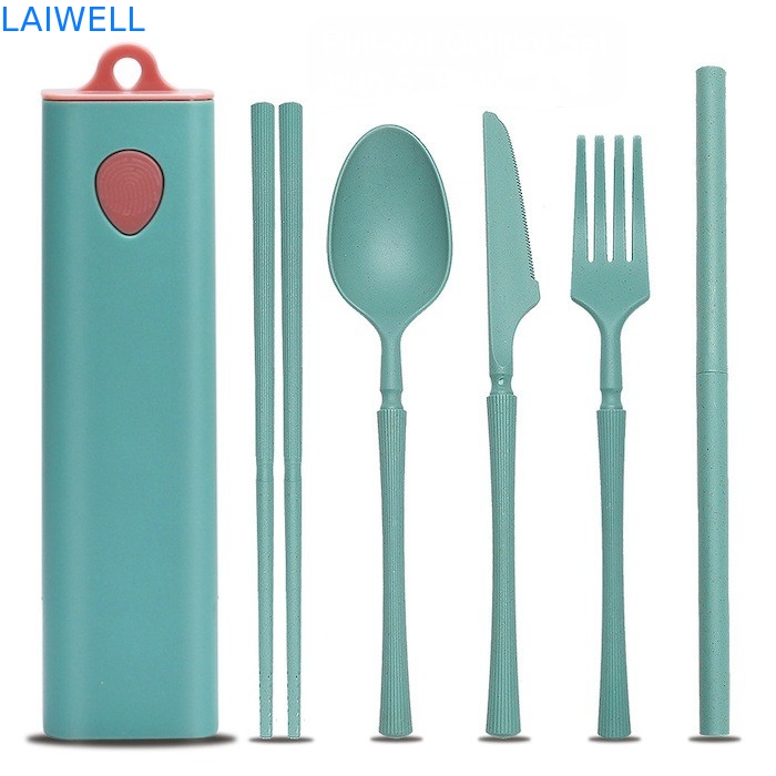 Groene duurzame tarwe stro vezels 5-PC uittrekbaar bestek set herbruikbaar Eco tafelgerei accessoires Elegante ontwerp voor meerdere toepassingen